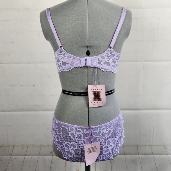 Savage X Fenty Floral Lace Unlined Bra & Cheeky Panty (Small) Set in Purple 32B - Picture 8 of 10